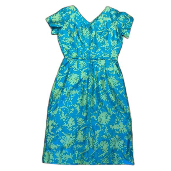 Vintage Handmade Blue & Green Floral Sheath Dress Medium Short Sleeves 1950s - Picture 2 of 8